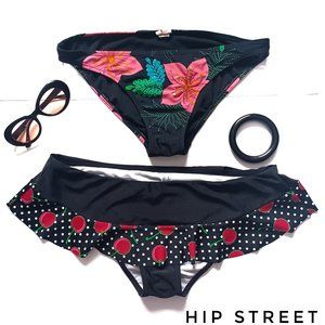 XHILARATION & Arizona 2 Bikini Bottoms Floral Sequin & Cherries Dot Ruffle L
